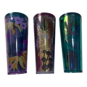 Starbucks lot of 3 Floral Metallic Tumbler Trio mushroom mermaid used foil